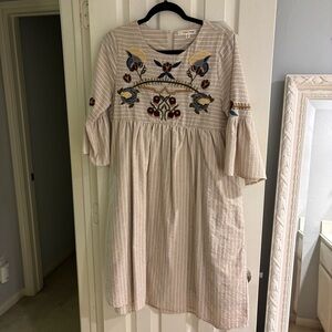 Roolee Cream and White striped Sundress with Embroidery and Bell Sleeves